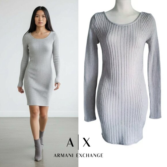 Armani Exchange Sweater Dress Wool Blend Open Weave Gray Long Sleeve Mini Size S - Picture 1 of 11